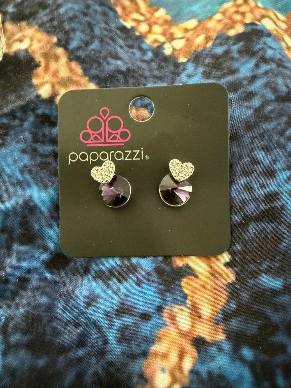 paparazzi Silver Heart and Purple Crystal Studs